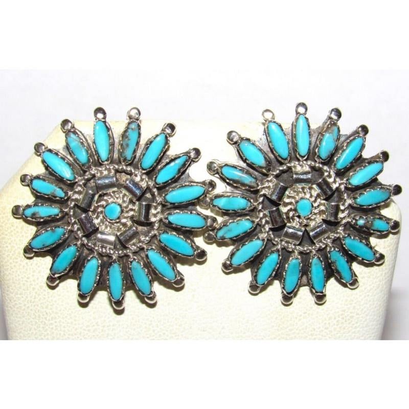 Navajo Turquoise Cluster Post Earrings Sterling Silver Signed Native American (1 of 4)
