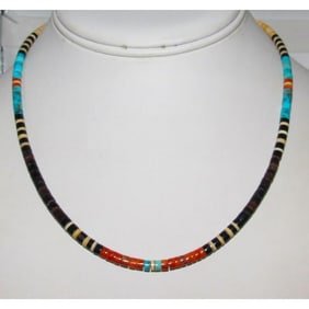 Santo Domingo Rolled Shell Orange Spiny & Turquoise Heishi Choker Necklace 16"L