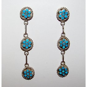 Zuni Dishta Style Inlay Turquoise Dangle Earrings Sterling Silver