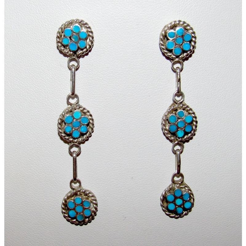 Zuni Dishta Style Inlay Turquoise Dangle Earrings Sterling Silver (1 of 3)