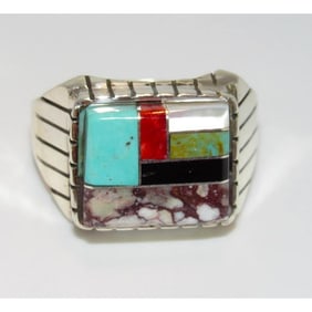 Navajo Turquoise Coral Wild Horse Inlay Ring Size 10.5 Sterling R. Jack