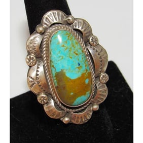 Navajo Royston Turquoise Statement Ring Sz 7.5 Sterling Silver Signed Native