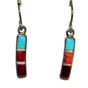 Vintage Zuni Inlay Dangle Earrings Turquoise Spiny Oyster Sterling Silver