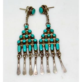 VTG Zuni Snake Eye Turquoise Dangle Earrings Sterling Silver