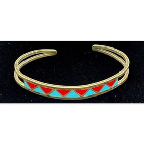 VTG Zuni Turquoise Coral Inlay Stacker Cuff Bracelet Sterling Silver