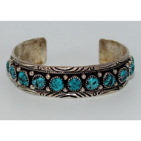 VTG Navajo Morenci Turquoise Cluster Cuff Bracelet R. Yazzie Sterling Silver