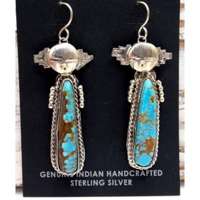 Navajo Kachina Earrings Boulder Numer 8 Turquoise Sterling Silver Bennie Ration