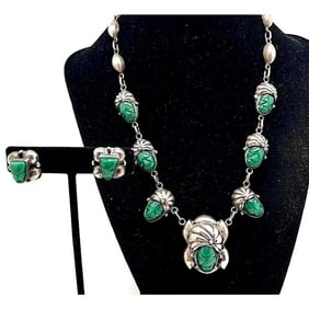 Early Taxco Mexico Sterling Silver & Green Onyx Set Aztec Mayan Carved Warrior