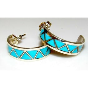 Zuni Turquoise Inlay Hoop Earrings 3/4" Diameter Sterling Silver