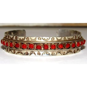 VTG Zuni Snake Eye Coral Ingot Sterling Cuff Bracelet Native American