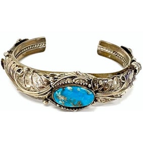 Old Pawn Hopi Turquoise Squash Blossom Cuff Bracelet Sterling Ramona Loloma