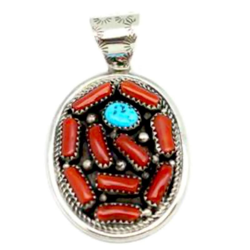 Navajo M. Spencer Pendant Mediterranean Coral Turquoise Sterling Silver (1 of 5)