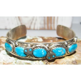 Zuni Snake Bracelet Turquoise & Sterling Silver Calavaza 7" Wrist