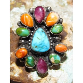 Navajo Turquoise Orange Purple Spiny Cluster Ring Sz 6.5 Sterling Silver