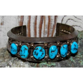 Old Pawn Navajo Raw Sleeping Beauty Turquoise Cuff Bracelet Sterling Silver