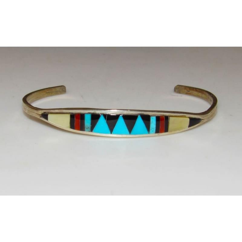 Zuni Inlay Turquoise Coral Bracelet Sterling Silver C. Weebothee Stacker: Zuni Inlay Turquoise Coral Bracelet Sterling Silver C. Weebothee Stacker. 6 1/4" inside circumference. Fab dainty Zuni cuff.