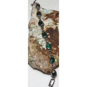 Taxco Mexican 925 Sterling Silver Malachite Inlay Link Bracelet