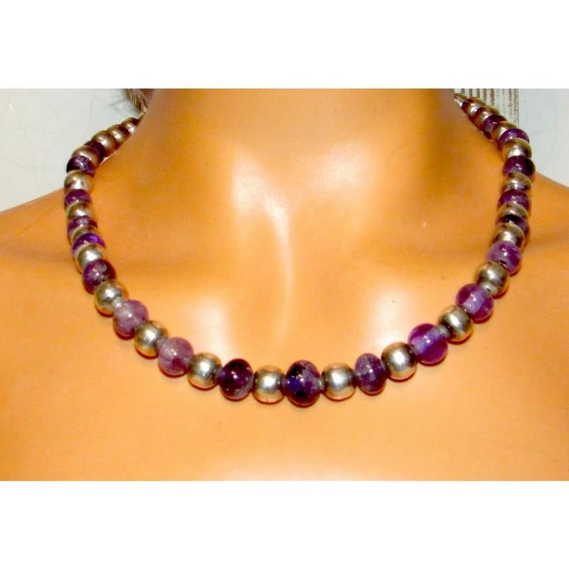Taxco Mexico Necklace Amethyst Sterling Silver Beads Statement Necklace 20"L (1 of 6)