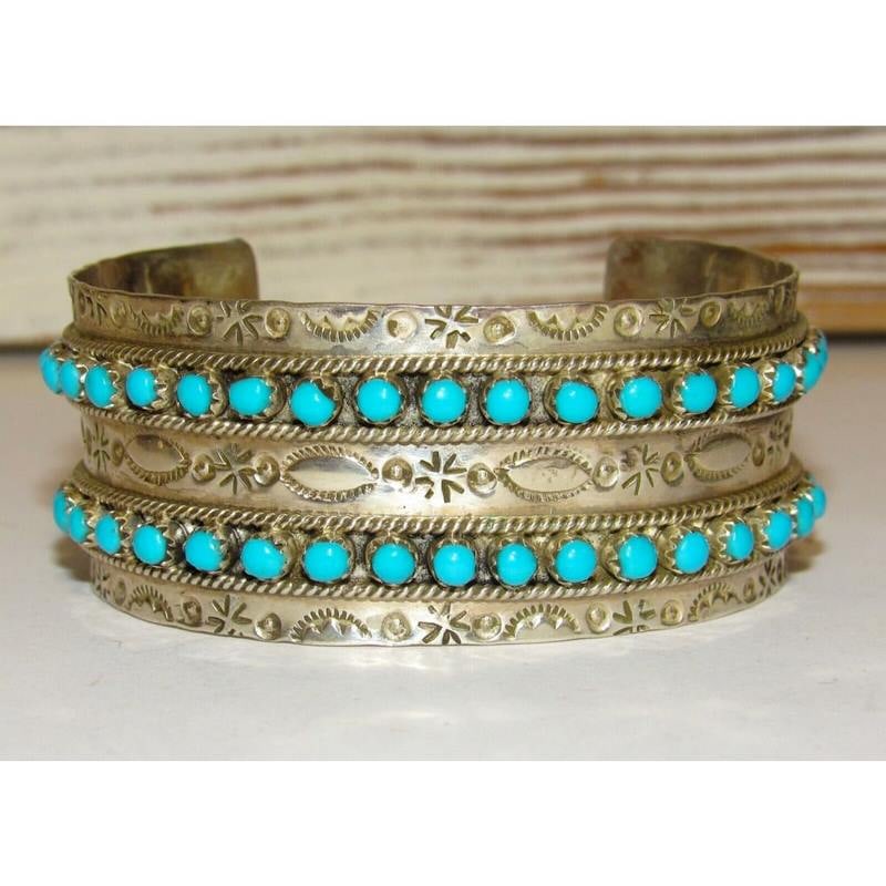 Zuni Sleeping Beauty Mine Snake Eye Turquoise Cuff Bracelet Sterling Signed (1 of 7)