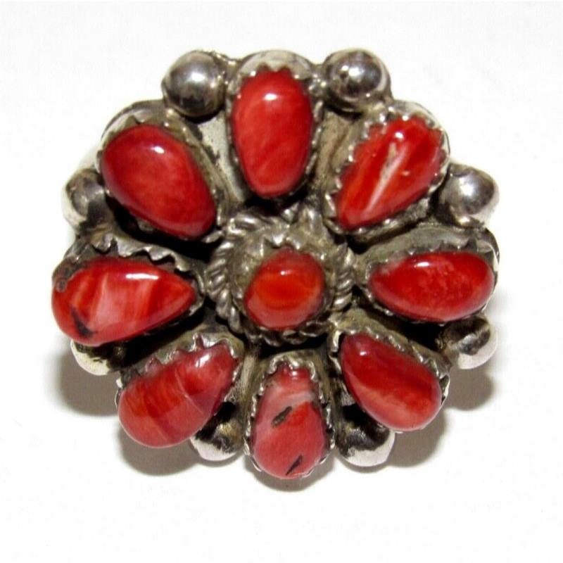 Navajo Red Orange Cluster Ring Sz 8 Sterling Silver M. Apachito (1 of 4)