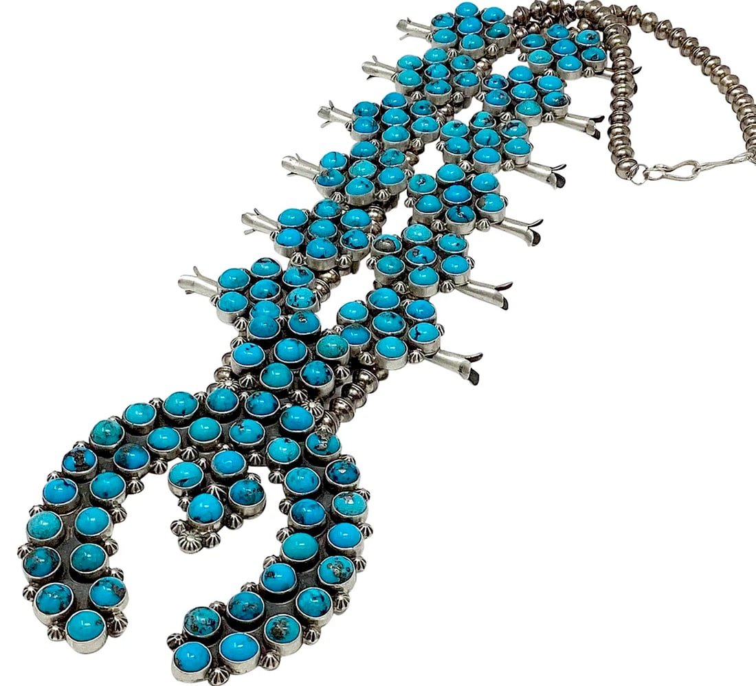 Large Navajo Sterling Morenci Turquoise Squash Blossom 205 Gr. Freddie Maloney
