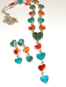 Navajo Turquoise Spiny Heart Lariat Necklace Earrings Set Sterling Silver
