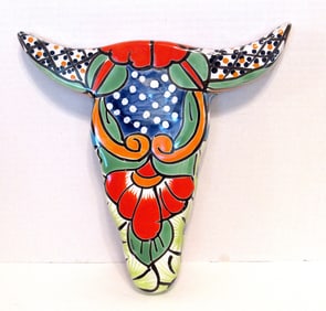 Talavera Mexico Cow Skull Hand Etched Pottery. Good Condition