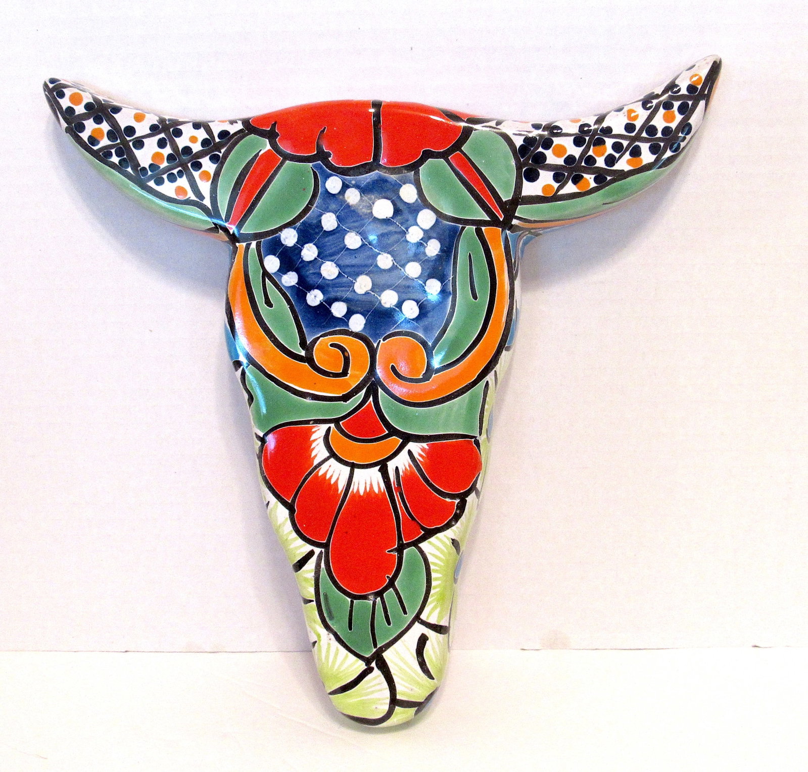 Talavera Mexico Cow Skull Hand Etched Pottery. Good Condition: Talavera Mexico Cow Skull Hand Etched Pottery. Good Condition. Measures 10" by 11". Shipping is $25.