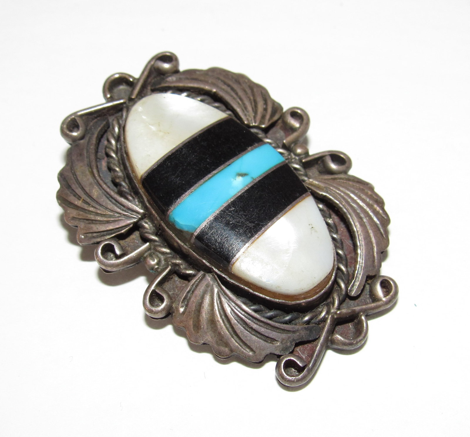 Vintage Navajo Sterling Turquoise Mother of Pearl Inlay Pendant (1 of 2)
