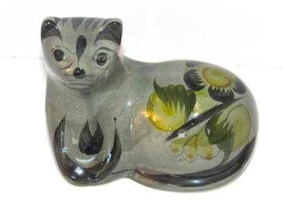 Mexican Glazed Tonala Pottery Cat Figurine: Mexican Glazed Tonala Pottery Cat Figurine. Measures 5" wide by 4.5" wide