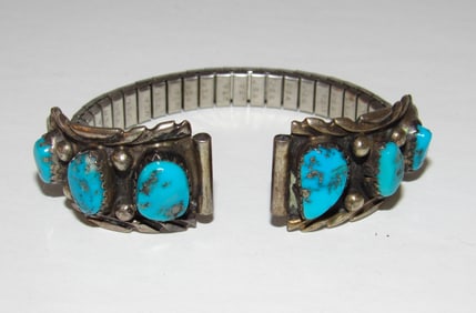 Vintage Navajo Sterling Silver Kingman Turquoise Watch Tips Singed
