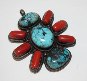Vintage Native Turquoise Coral Sterling Pendant 3"