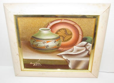 Navajo Sand Painting Still Life Pottery Singed Wooden Frame