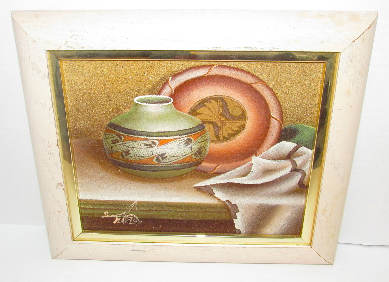 Navajo Sand Painting Still Life Pottery Singed Wooden Frame: Navajo Sand Painting Still Life Pottery Singed Wooden Frame. Measures 11.5" by 13", Certificate of Authenticity on the Back.