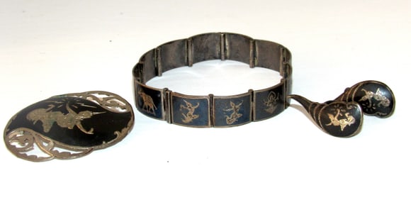 Vintage Siam Niello 925 Bracelet, Earrings Brooch Set