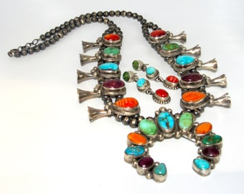 Navajo Turquoise Spiny Squash Blossom Necklace & Earrings Set Sterling