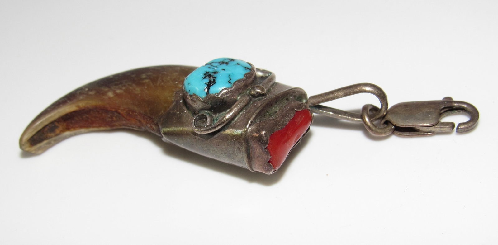 VTG Navajo Coyote Claw Charm Turquoise Coral Sterling Silver: For your consideration is this wonderful vintage Navajo sterling silver, turquoise & coral coyote claw charm. . Measures about 2". Wonderful collectible vintage Navajo coyote claw charm! FREE US SHIPP