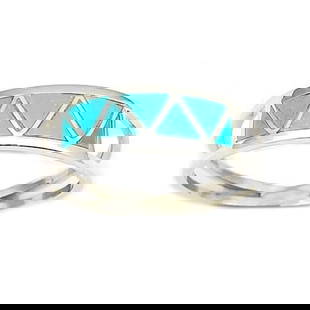 Zuni Turquoise Inlay Ring Sz 8 Sterling Signed Native American: For your consideration is this traditional Native American Zuni sterling silver and turquoise inlay ring in size 8. Wonderful dainty traditional Zuni ring. Great example of traditional Native American