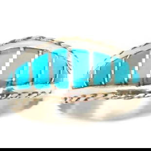 Zuni Turquoise Inlay Ring Sz 8 Sterling Silver M. Peynesta Native American: For your consideration is this traditional Native American Zuni sterling silver and turquoise inlay ring in size 8.This sterling silver ladies ring is inlaid at the top with 8 sections of turquoise wi