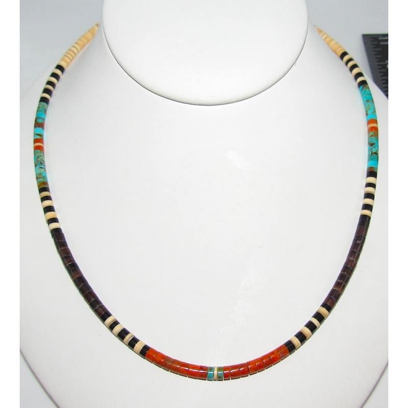 Santo Domingo Rolled Pen Shell, Orange Spiny & Turquoise Heishi Necklace 18"L: Stunning Santo Domingo pen shell, orange spiny & Kingman turquoise rolled heishi beads choker necklace with sterling silver clasp by the Santo Domingo artist Jeanette Calabaza. Measures about 18" long