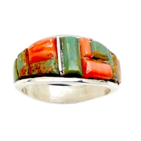 Navajo Turquoise Orange Spiny Cobble Inlay Ring Sz 9 Sterling Silver E. Yazzie