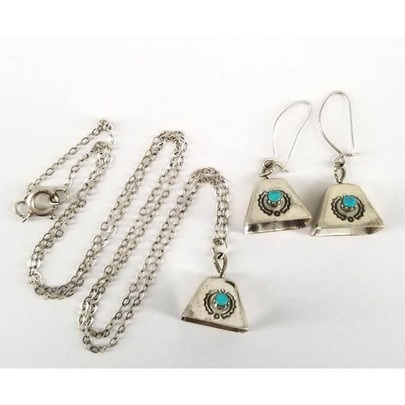 Old Pawn Navajo Sterling Turquoise Bell Necklace and Earrings (1 of 4)