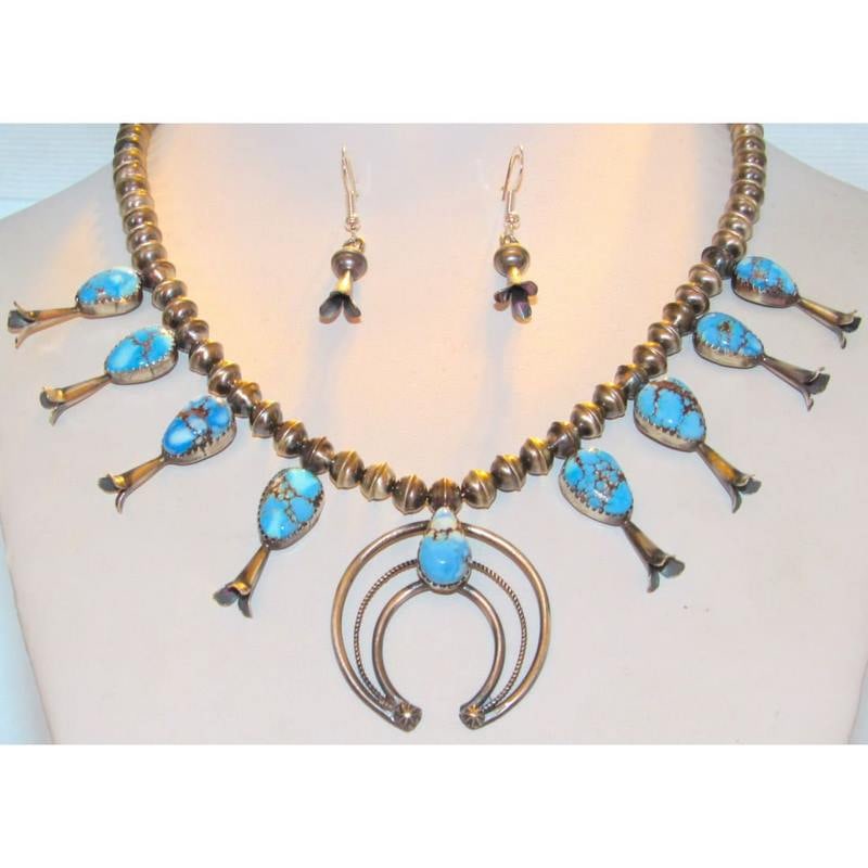 Navajo Golden Hills Turquoise Squash Blossom Necklace & Earrings Set Sterling (1 of 9)