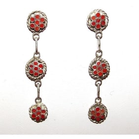 Zuni Dishta Style Inlay Coral Dangle Earrings Sterling Silver
