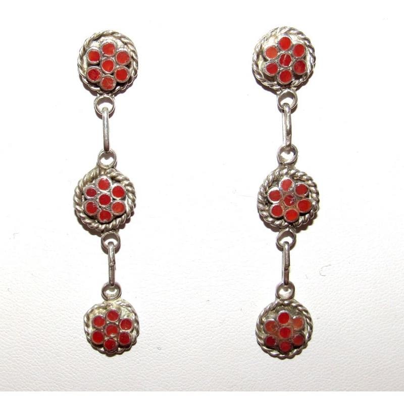 Zuni Dishta Style Inlay Coral Dangle Earrings Sterling Silver (1 of 3)