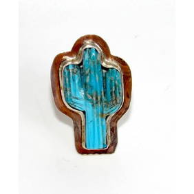 Navajo Turquoise Cactus Ring Size 7.5 Sterling Silver Native American Signed (1 of 4)