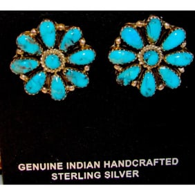Navajo Turquoise Cluster Post Earrings Sterling Silver 1" by Ophelia Moses