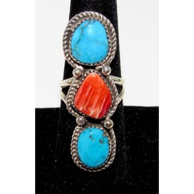 Navajo Red Orange Spiny Turquoise Statement Ring Sz 7.5 Yazzie