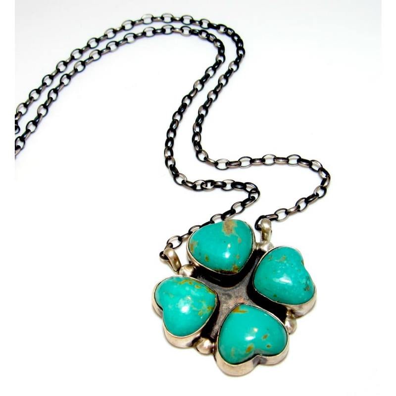 Navajo Royston Turquoise 4 Leaf Clover Necklace Sterling Silver D Skeets (1 of 5)