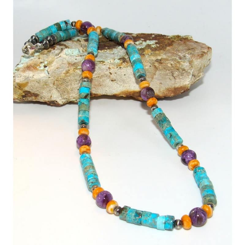 Navajo Rolled Shell Orange Spiny, Amethyst & Turquoise Heishi Choker Necklace (1 of 4)